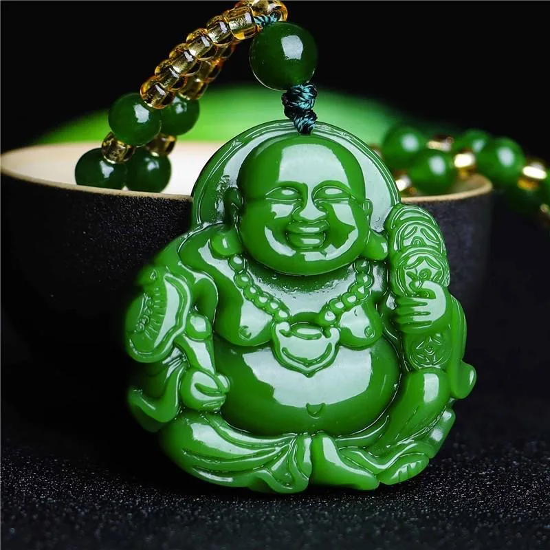 Men'S Fashion Necklaces - Chiński zielony Jade Maitreya budda wisiorek