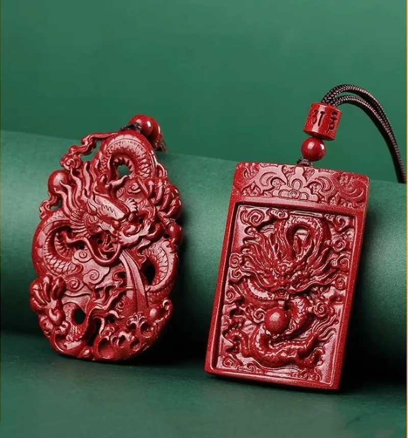 Men'S Fashion Necklaces - Modny cynobrowy jadeit dwustronny wyrzeźbionym smokiem